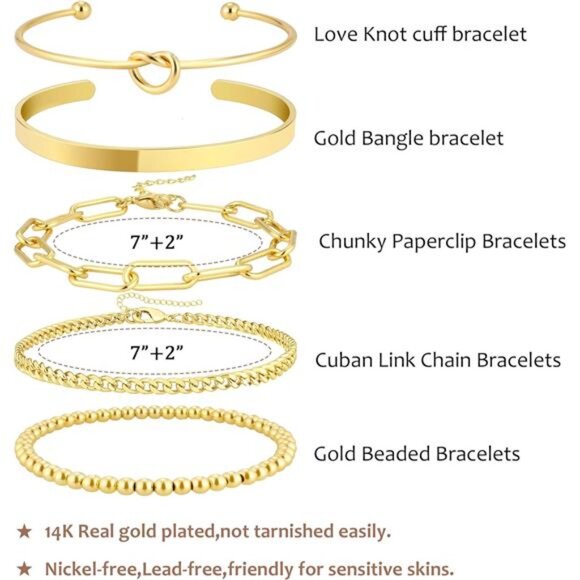 14K Gold Plated Bangle Cuff Bracelet Set for Women Bracelet Stack Adjustable - Picture 3 of 7